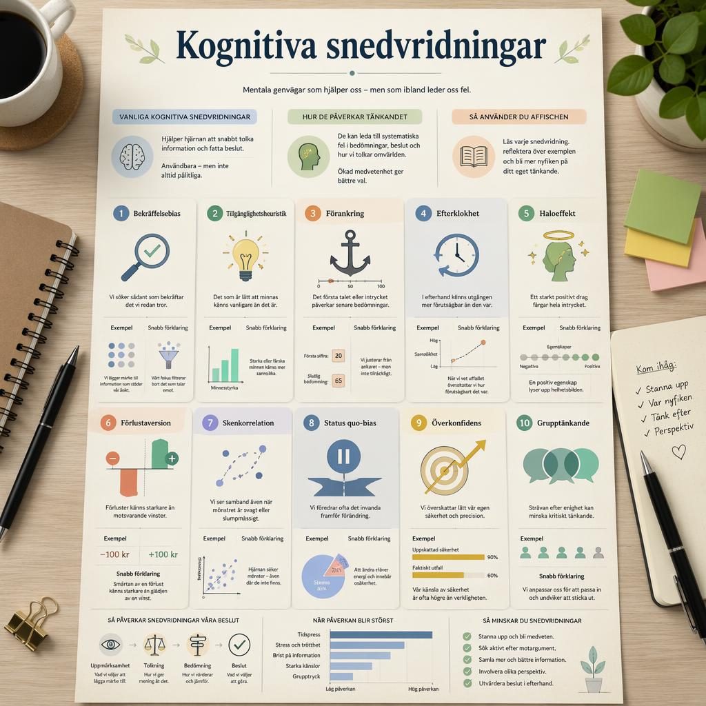 Top-down skrivbordsscen med svensk psykologisk infografik, 10 kort om kognitiva snedvridningar i pastelldesign.