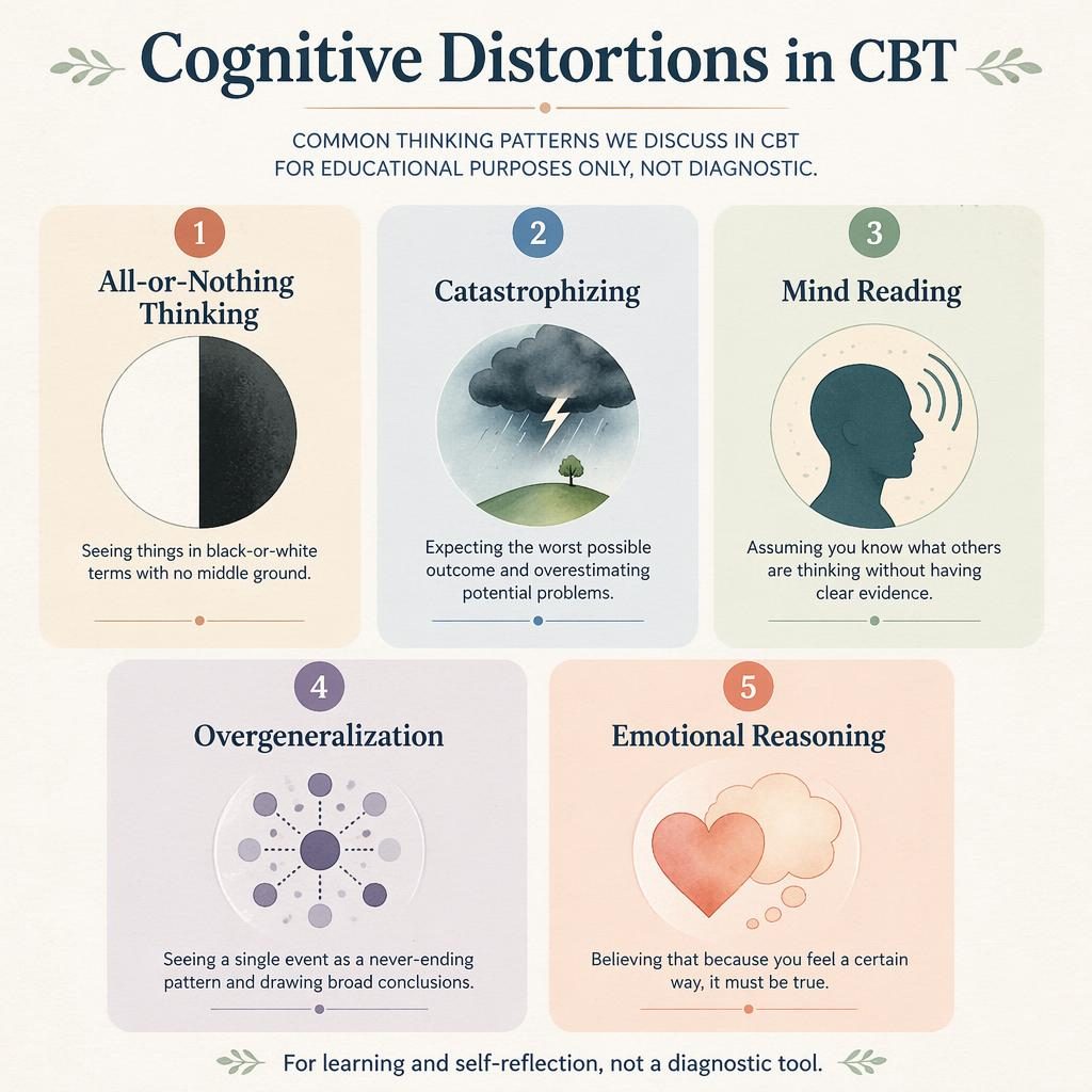 Editorial psychology infographic with 5 numbered CBT cards, icons, muted rainbow palette, English captions, and footer note.
