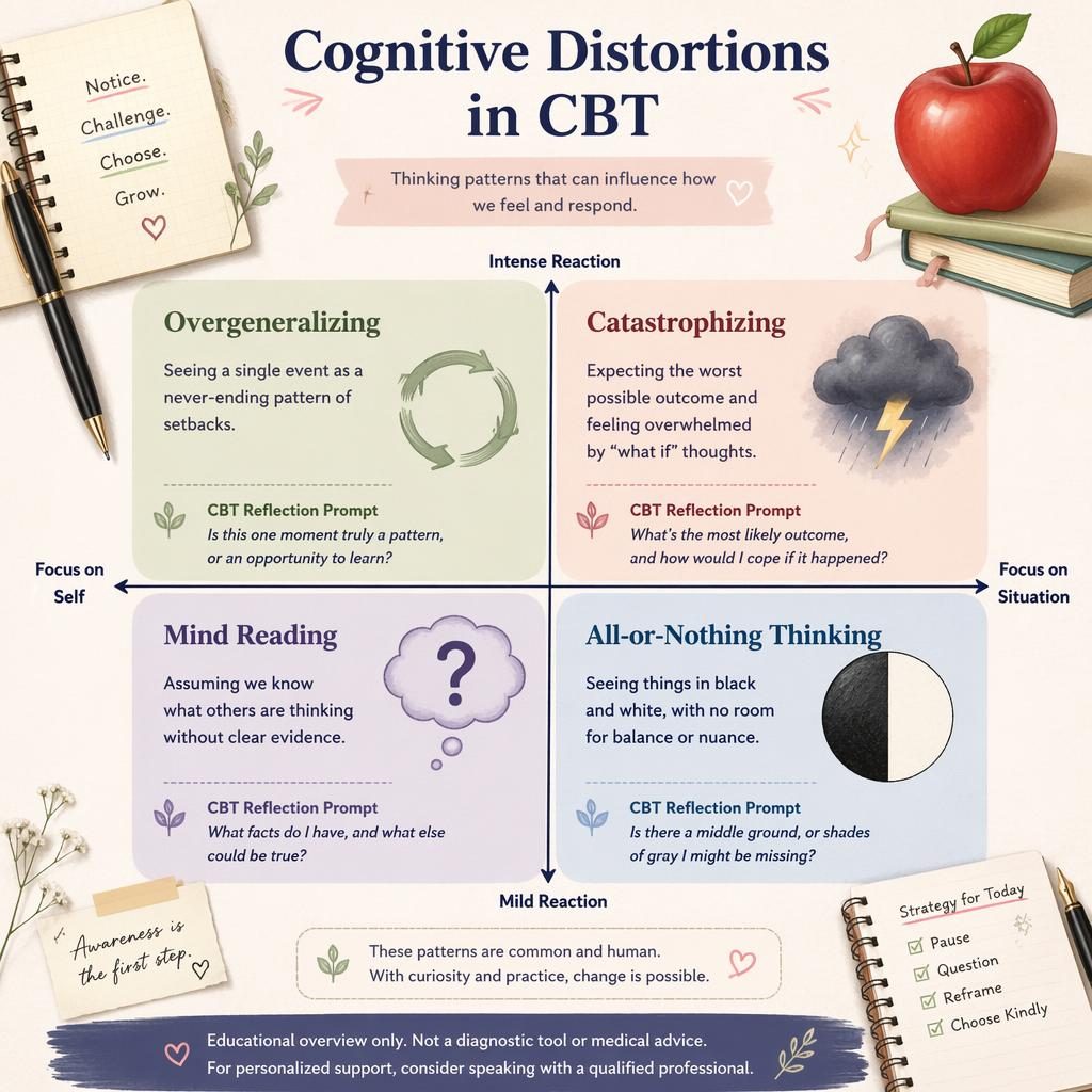 Pastel 2x2 CBT infographic with four quadrants, icons, axis labels, captions, and an educational footer note.
