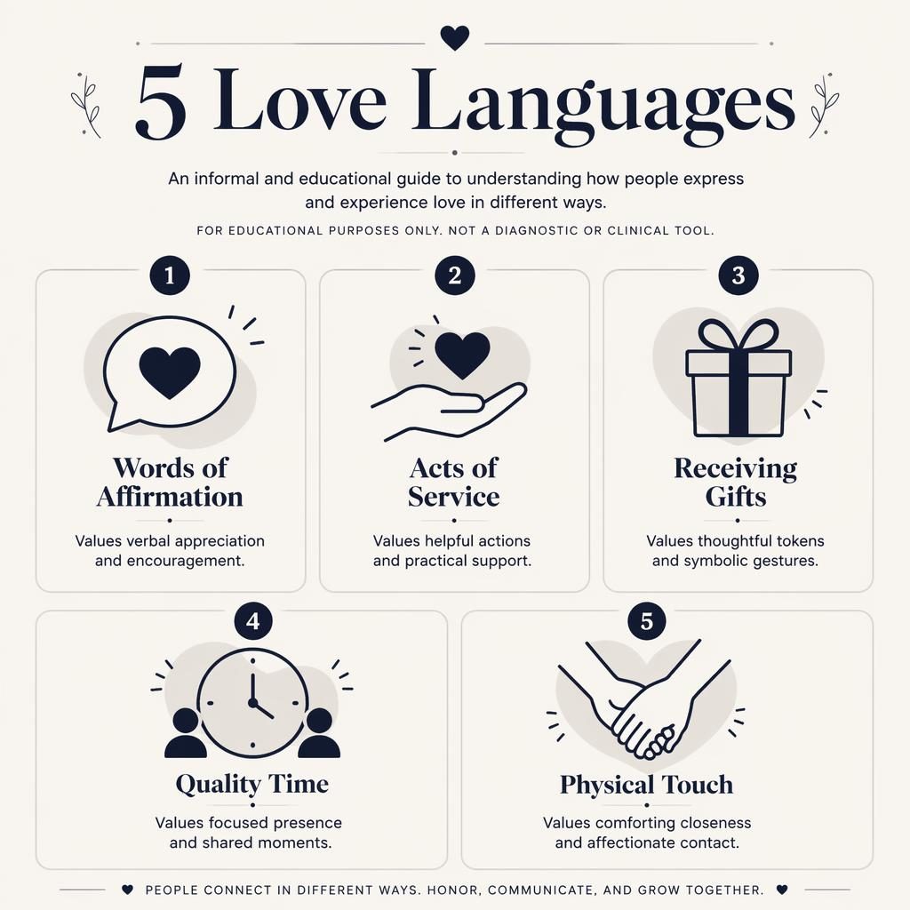 Monochrome educational poster with 5 numbered love language cards, icons, short captions, and a small informal subtitle.