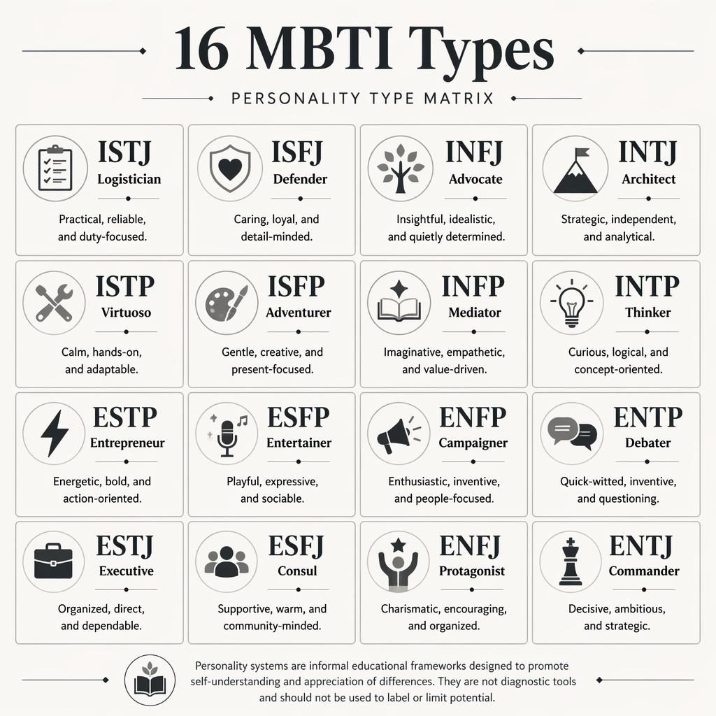 Minimalistická psychologická infografika se 16 MBTI typy v mřížce 4x4, v monochromatickém stylu s ikonami a anglickými popisky.