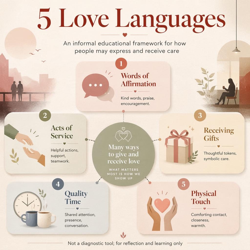 Pastel editorial infographic with central hub and five numbered cards for the 5 love languages, icons, English labels, and footer note.