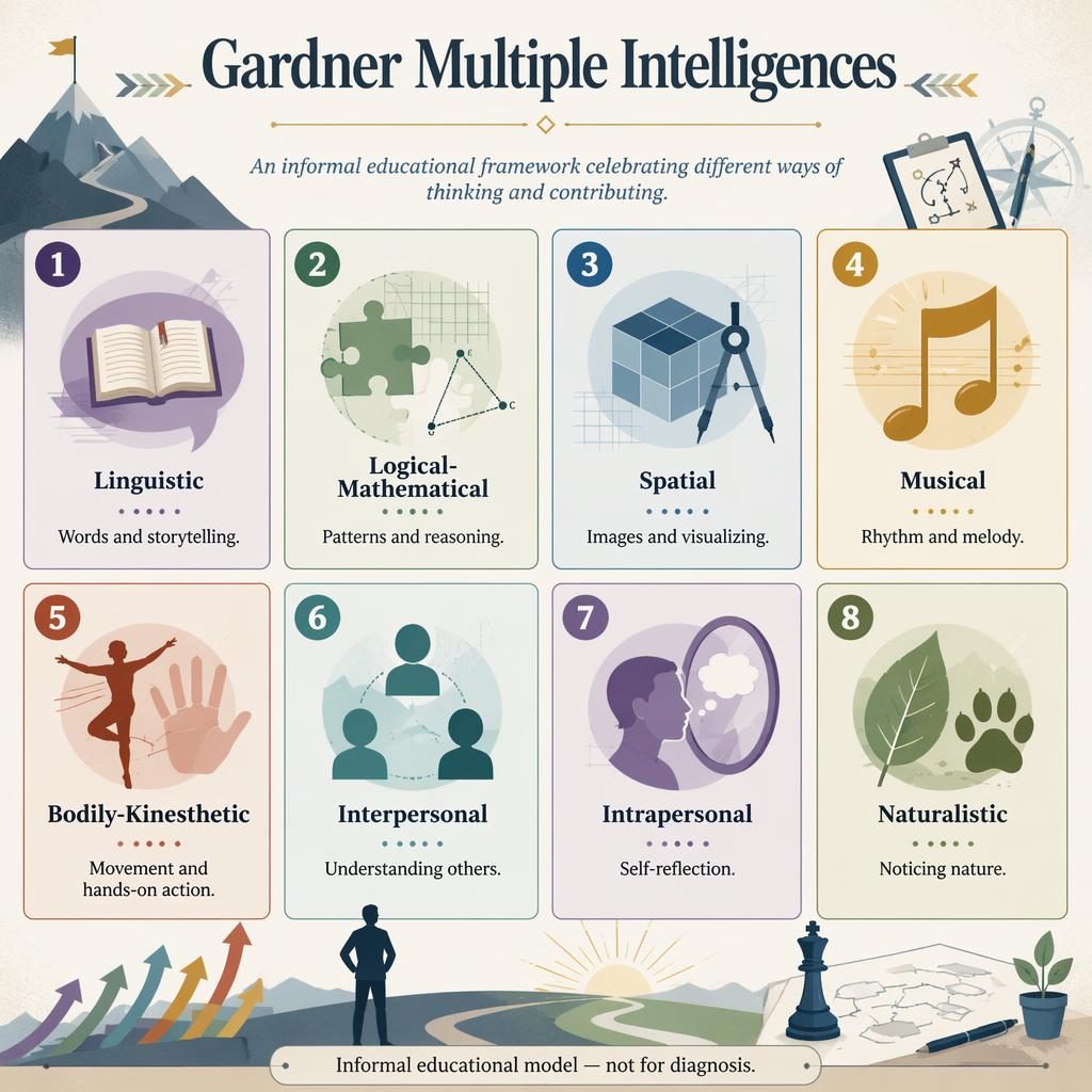 Editorial psychology infographic with 8 numbered Gardner multiple intelligences cards, icons, muted rainbow palette, and English notes