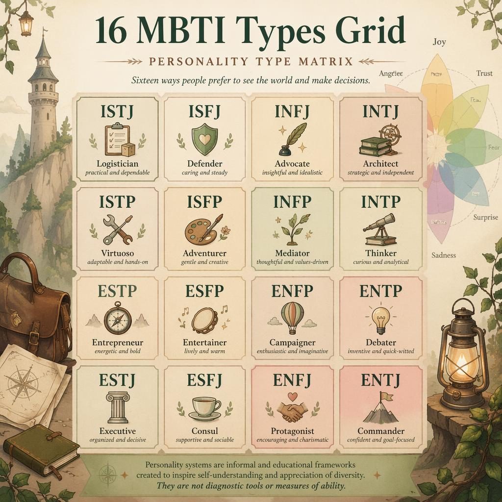 Editorial psychology infographic showing a 4x4 grid of 16 MBTI types, sage and blush palette, icons, and soft emotion wheel accent.