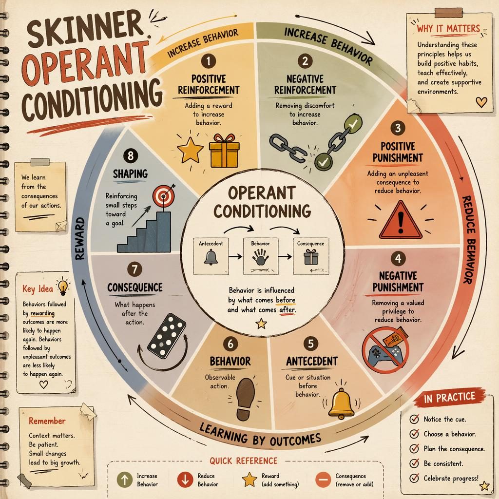 Sketchnote-style operant conditioning wheel infographic with 8 labeled sections, icons, arrows, and warm earth tones.