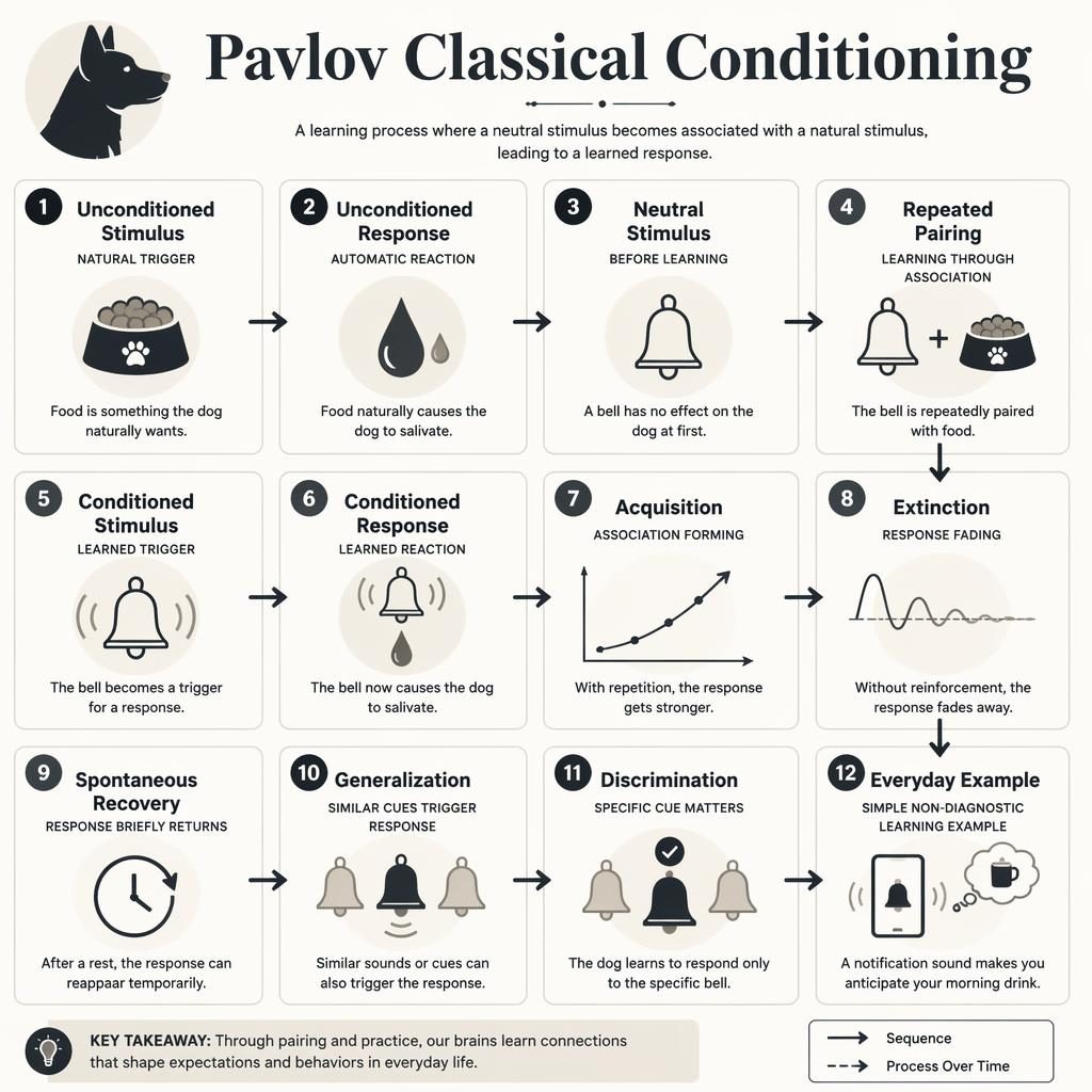 Minimal monochrome psychology infographic grid with 12 numbered cards explaining classical conditioning using bells, food, droplets, arrows, and curves.