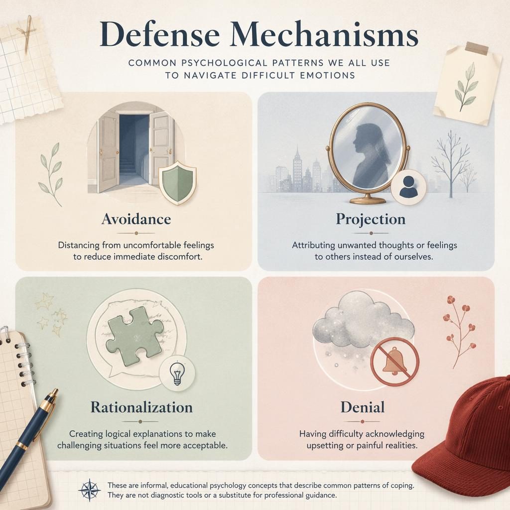 Pastel 2x2 psychology infographic on defense mechanisms with four labeled quadrants, soft icons, footer note, and red accent.