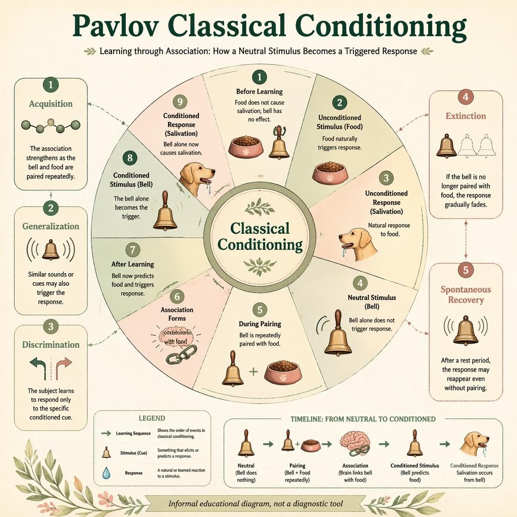 Educational psychology wheel infographic on classical conditioning with labeled stages, icons, callout cards, and flow arrows.