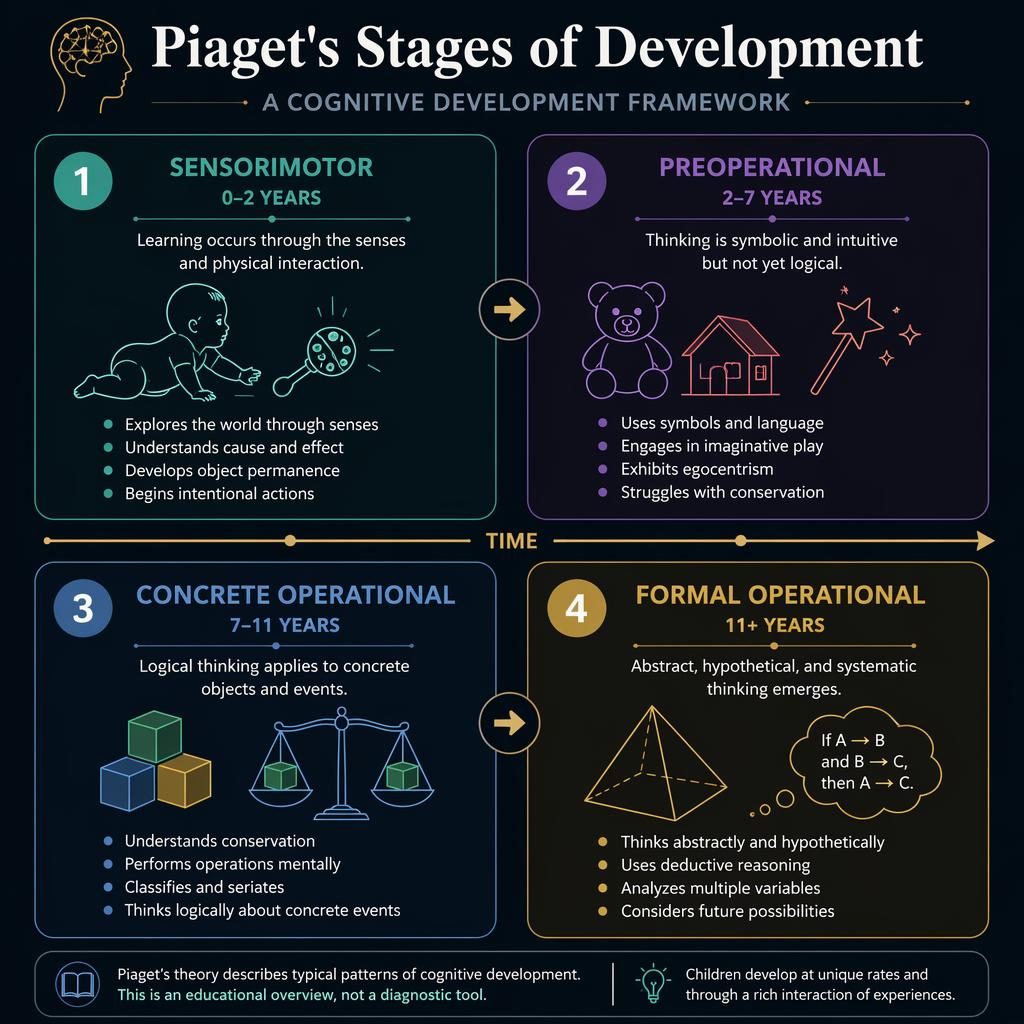 Dark mode educational infographic with four panels for Piaget's stages, age ranges, traits, bullets, icons, and arrows.