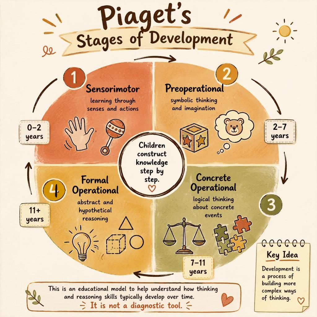 Hand-drawn Piaget stages wheel infographic with 4 labeled segments, sketchnote icons, arrows, age ranges, and cream background.