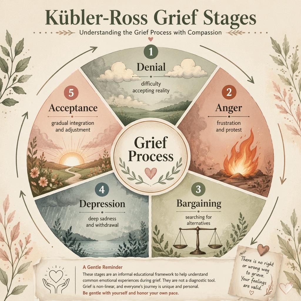 Circular grief stages infographic in sage and blush tones with 5 labeled segments, icons, arrows, and educational note.