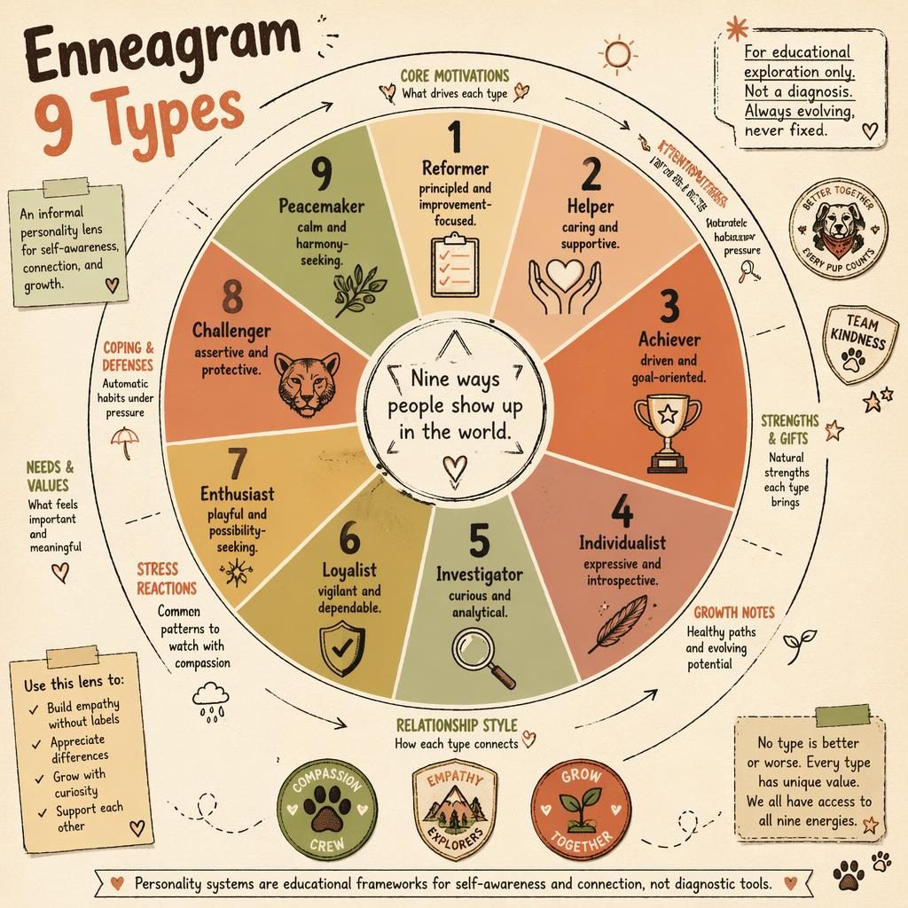 Sketchnote-style Enneagram 9 Types wheel infographic with 9 labeled segments, icons, sticky notes, and warm earth tones.