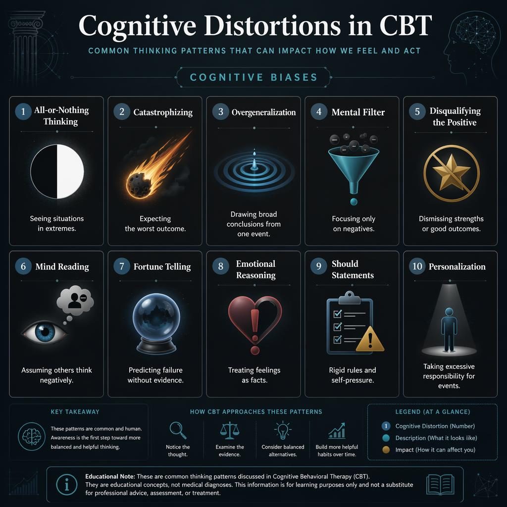 Dark academic poster grid on cognitive distortions in CBT with 10 numbered cards, icons, English captions, and legend.