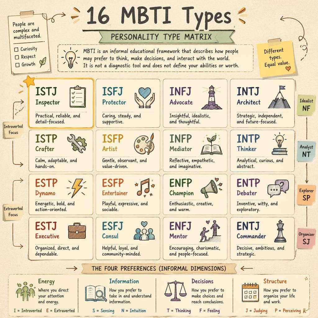 Sketchnote-style 16 MBTI types infographic in a 4x4 card grid, warm earth tones, with ISTJ subtly highlighted.