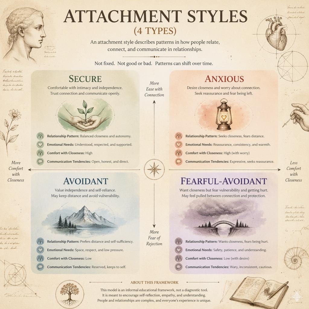 Pastel 2x2 attachment styles infographic with Secure, Anxious, Avoidant, and Fearful-Avoidant icons and notes.