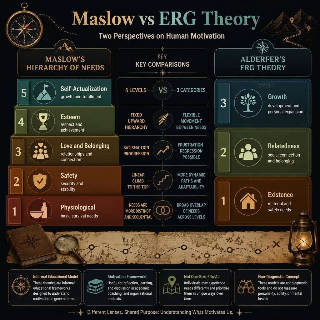 Infografía en modo oscuro que compara Maslow y ERG con tarjetas numeradas, iconos, flechas y acentos visuales de exploración.