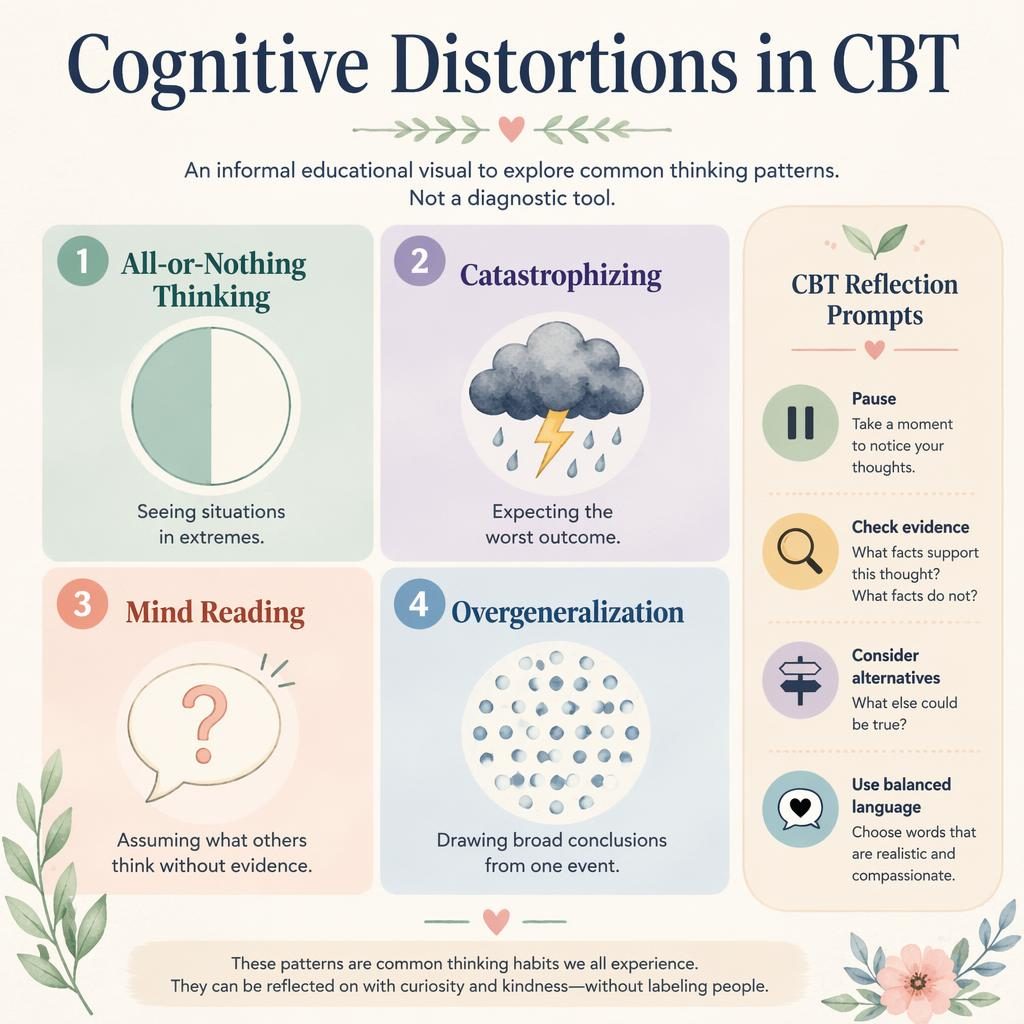 Infografía educativa en 4 cuadrantes pastel sobre distorsiones cognitivas, con iconos suaves, leyenda lateral y texto en inglés.