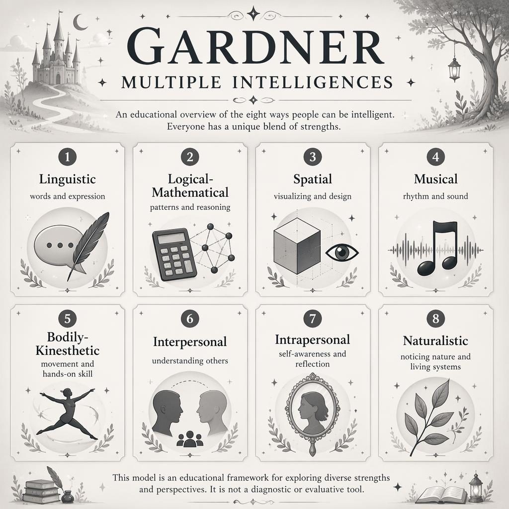Monochrome psychology infographic poster grid with 8 multiple intelligences cards, icons, modern typography, and subtle magical accents.