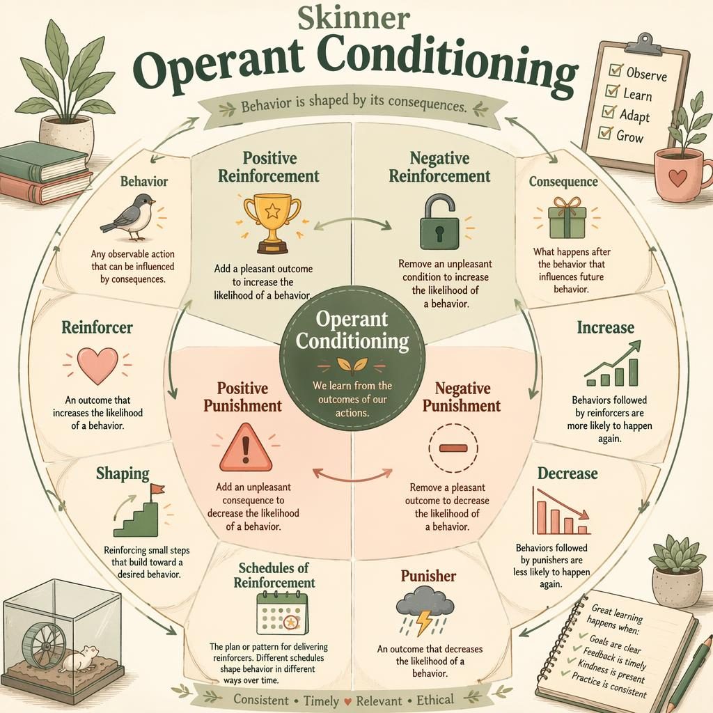 Editorial psychology wheel infographic on operant conditioning with labeled segments, icons, arrows, and sage blush palette.