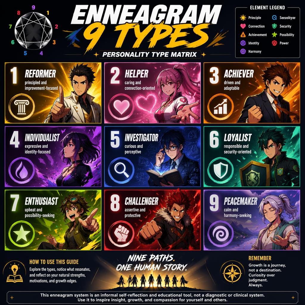 Educational Enneagram 9 Types infographic in a 3x3 grid with color-coded panels, icons, bold typography, and footer note.