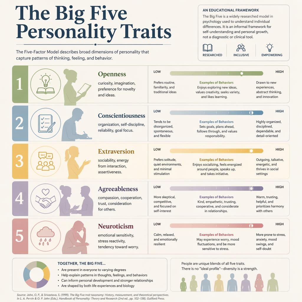 Photorealistic pastel infographic poster showing 5 Big Five personality trait cards with icons, silhouettes, and spectrum bars.