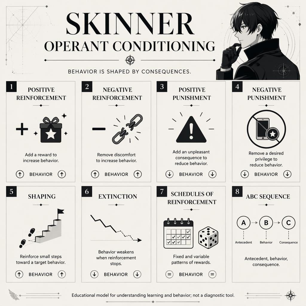 Monochrome psychology infographic poster grid on Skinner operant conditioning with 8 numbered cards, icons, captions, and footer note.