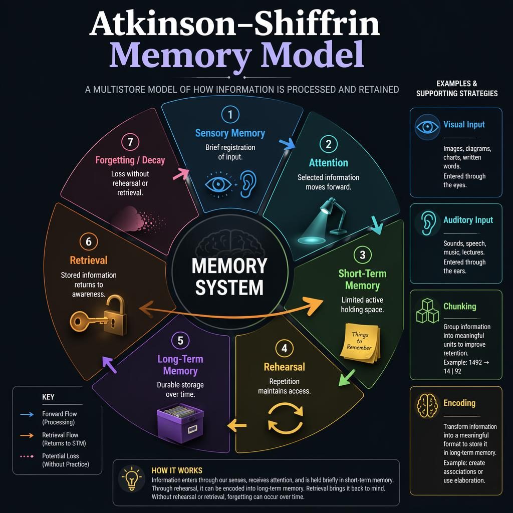 Dark mode Atkinson–Shiffrin Memory Model wheel infographic with 7 labeled memory stages, icons, arrows, and legend cards.
