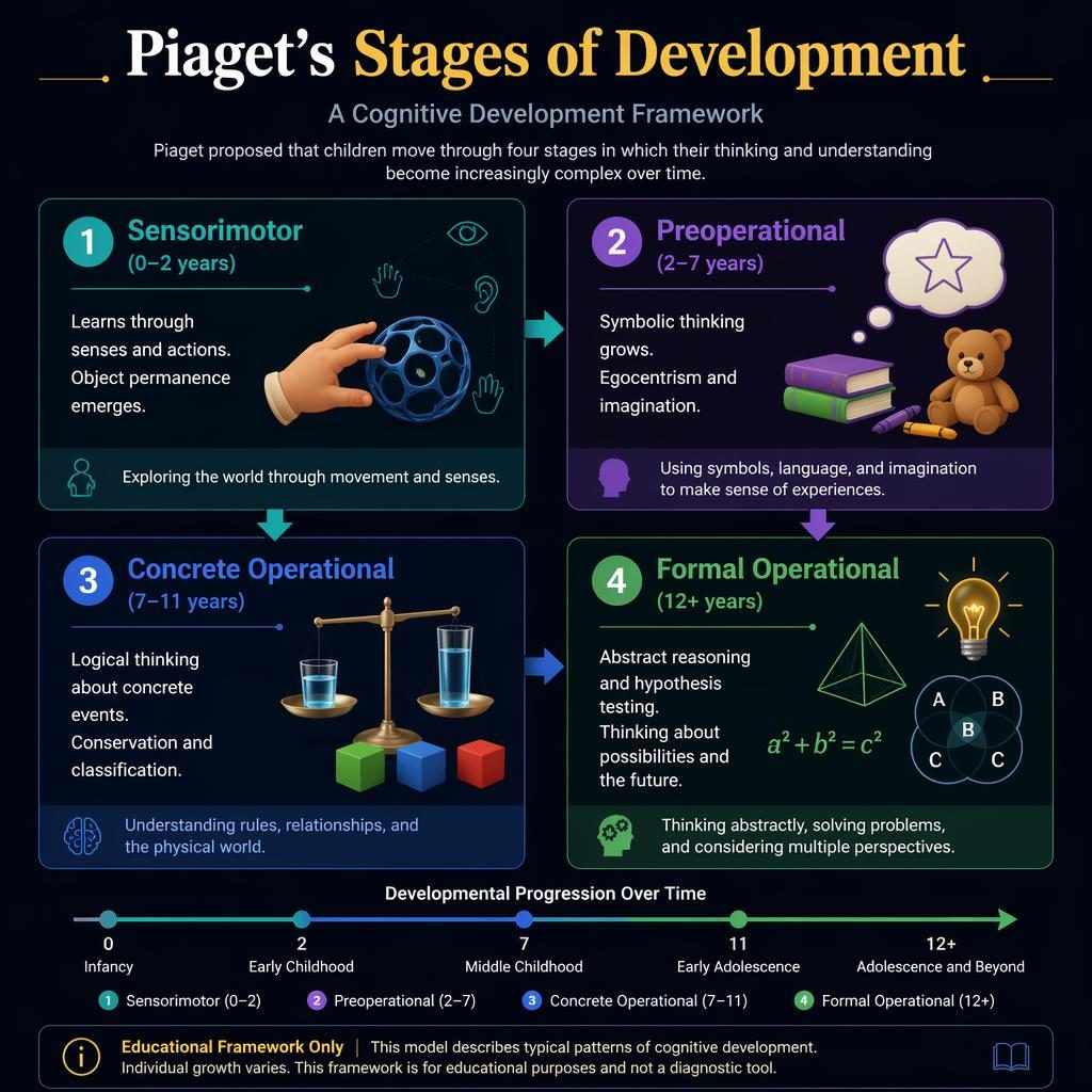 Dark mode educational infographic with 4 panels showing Piaget’s stages from sensorimotor to formal operational.