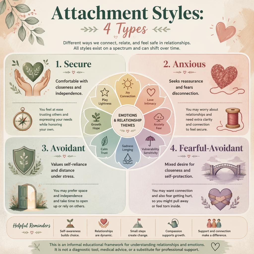 Warm illustrated psychology infographic with 4 attachment style quadrants, central emotion wheel, sage and blush palette.