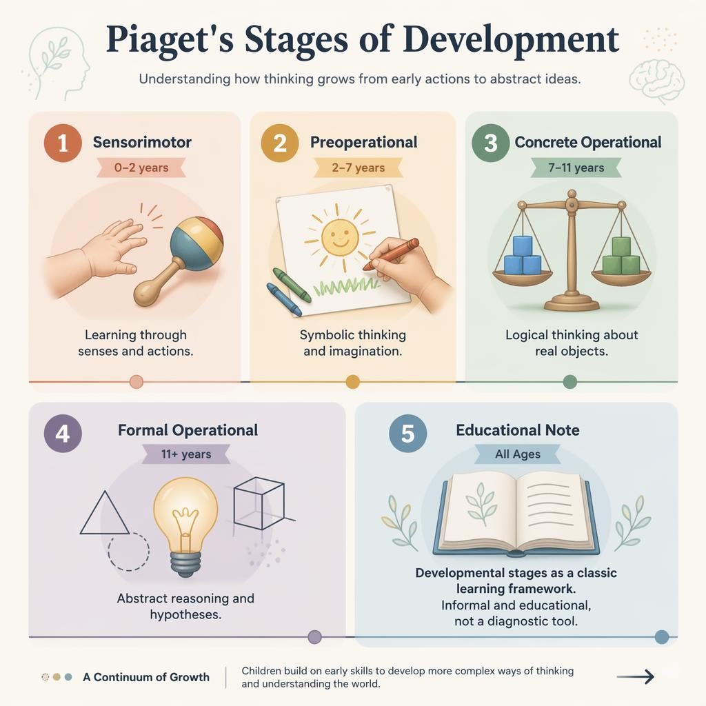 Educational infographic with 5 numbered cards on Piaget's stages, icons, muted rainbow palette, and clean editorial grid.