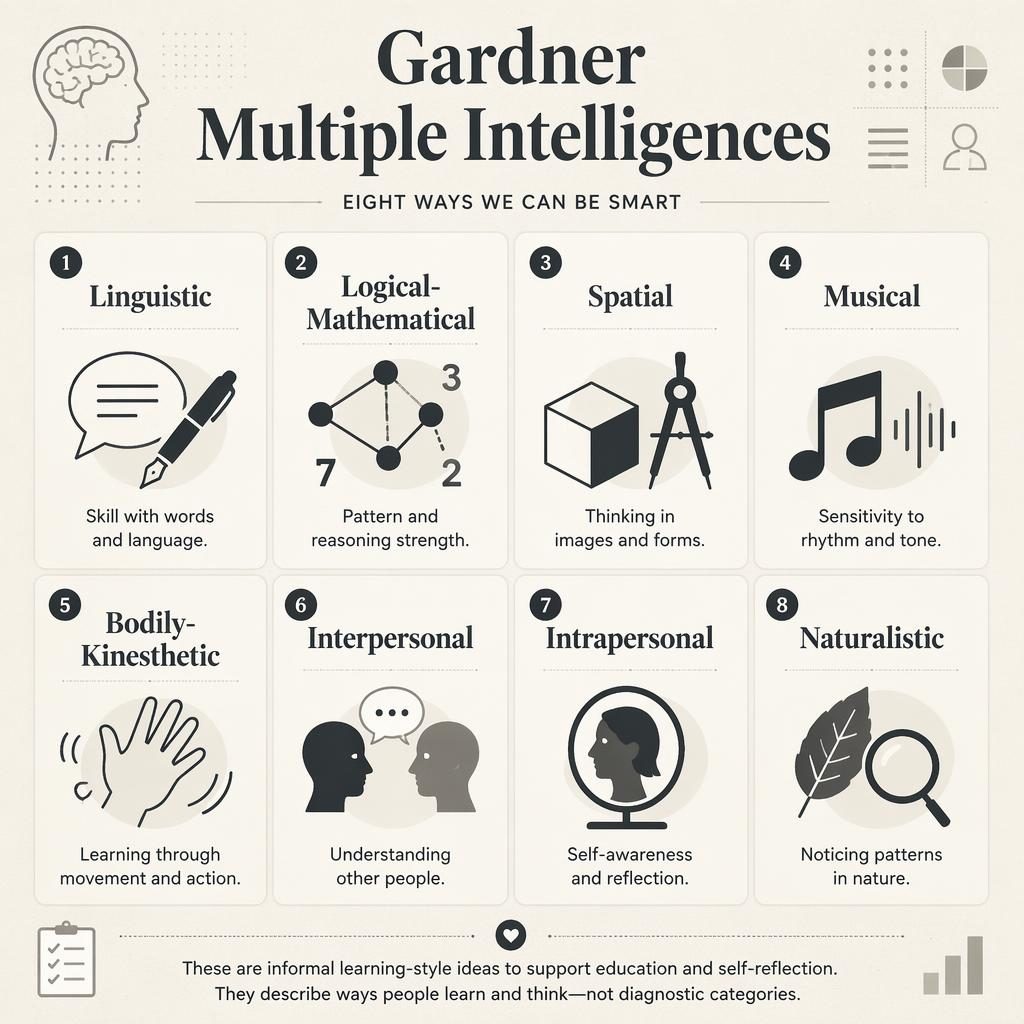 Monochrome educational poster grid with 8 numbered Gardner multiple intelligences cards, flat icons, English labels, and footer note.