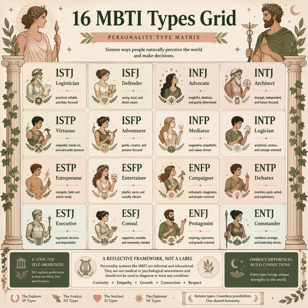Editorial infographic showing a 4x4 grid of 16 MBTI types with Greek gods motifs, robes, laurels, columns, and icons.