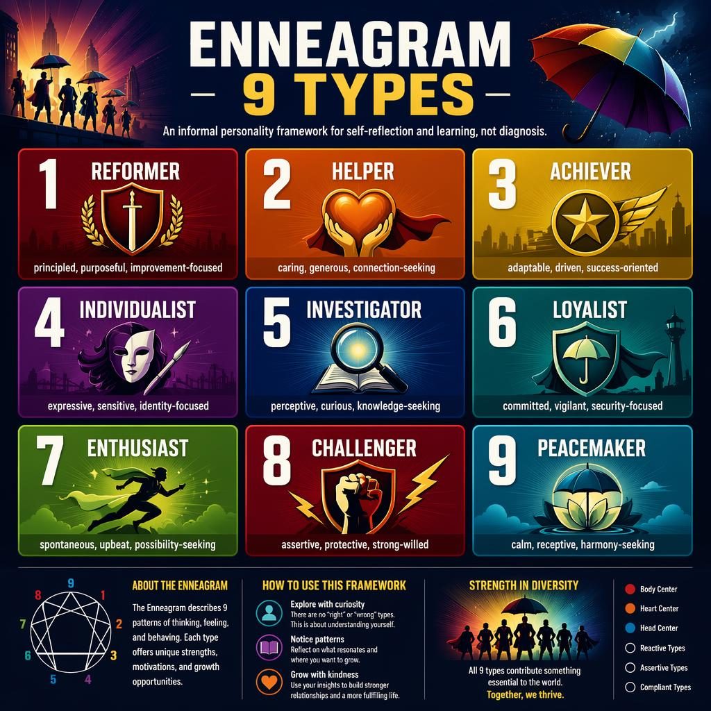 Psychology infographic showing a 3x3 Enneagram 9 types matrix with type cards, icons, gradients, and English labels.