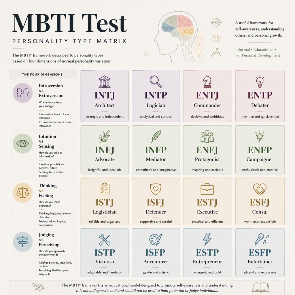 Pastelowa infografika MBTI z siatką 4x4, 16 kartami typów i ikonami wymiarów osobowości na neutralnym tle.