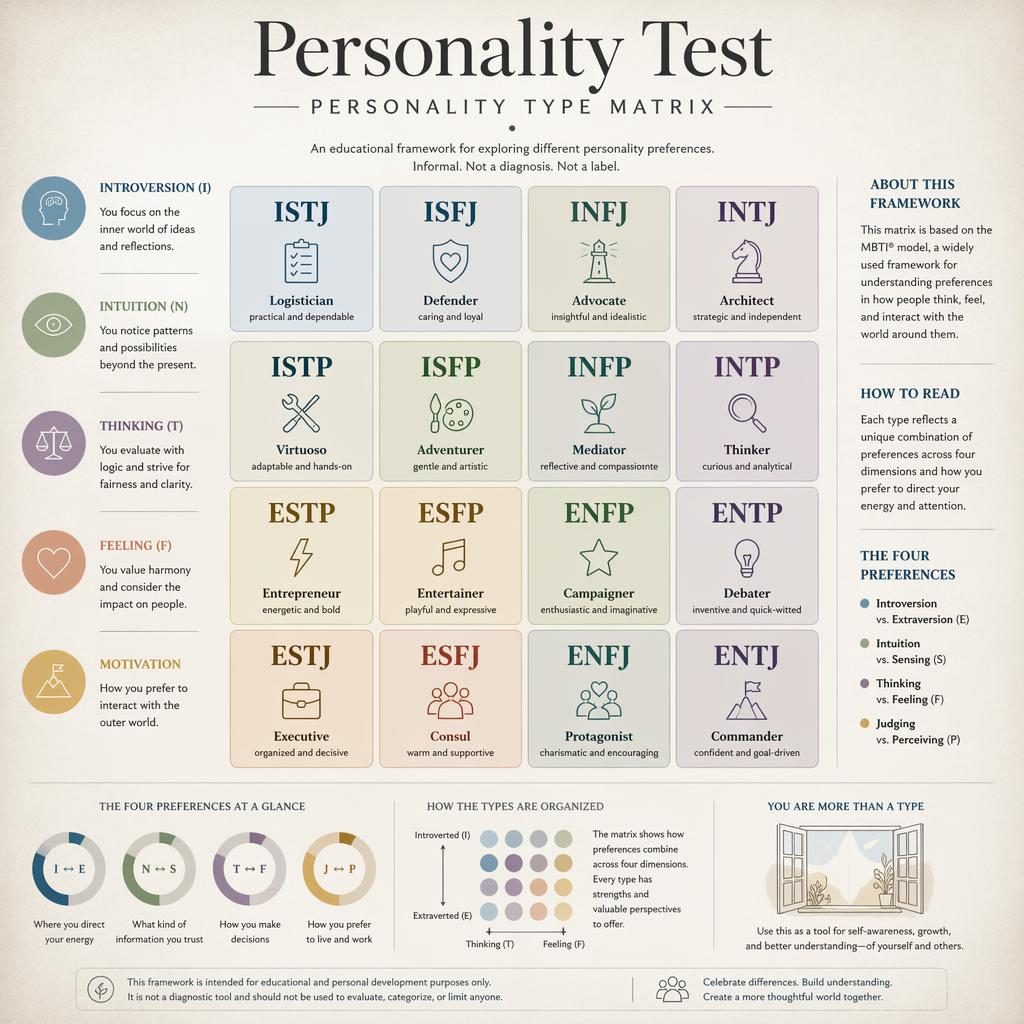 Pastel editorial infographic poster showing a 4x4 MBTI personality test matrix with 16 labeled type cards and charts
