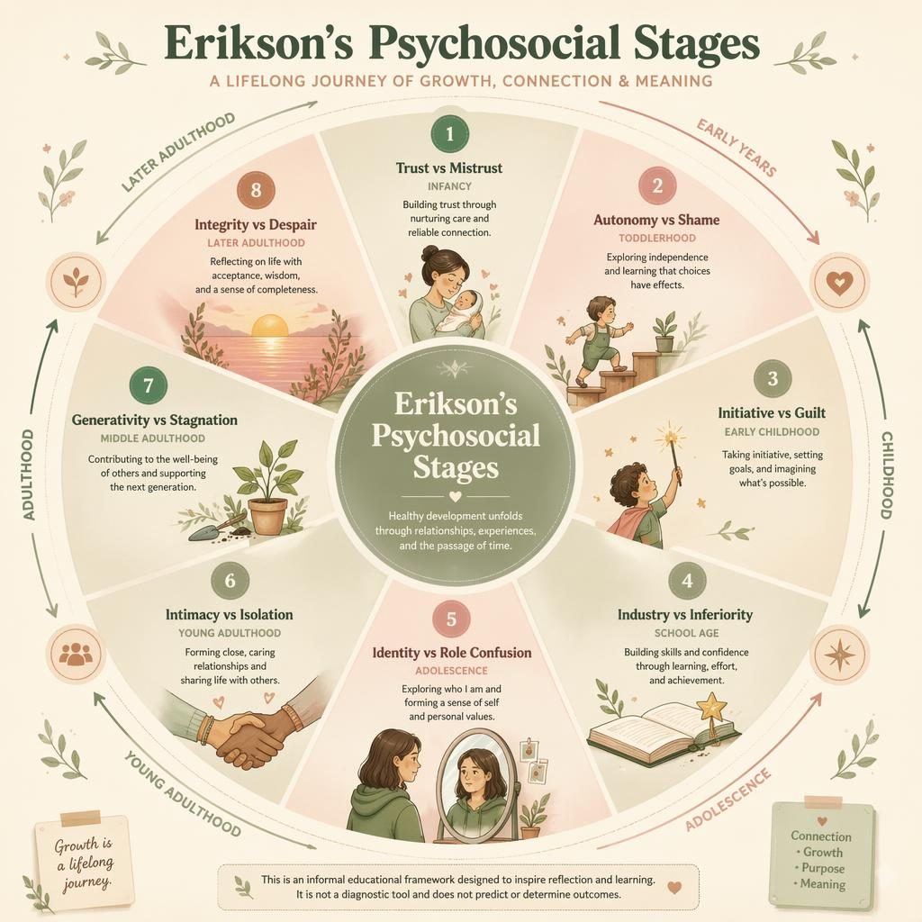 Warm hand-illustrated psychology wheel infographic with 8 Erikson stages, sage and blush palette, icons, arrows, and legend.