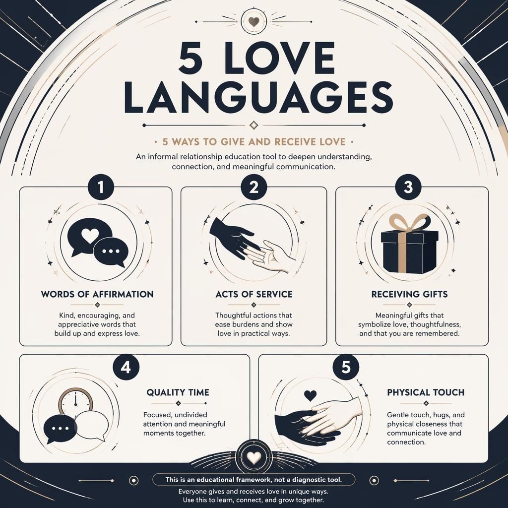 Monochrome poster grid with 5 numbered love language cards, icons, English captions, and dynamic circular accents