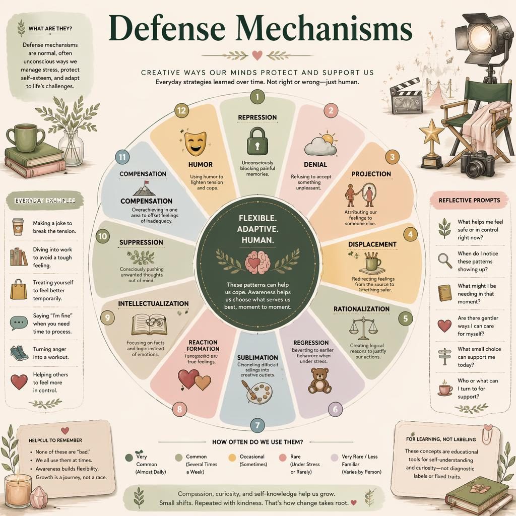 Editorial psychology infographic with a labeled defense mechanisms wheel, soft sage and blush palette, icons, side notes, and legend.