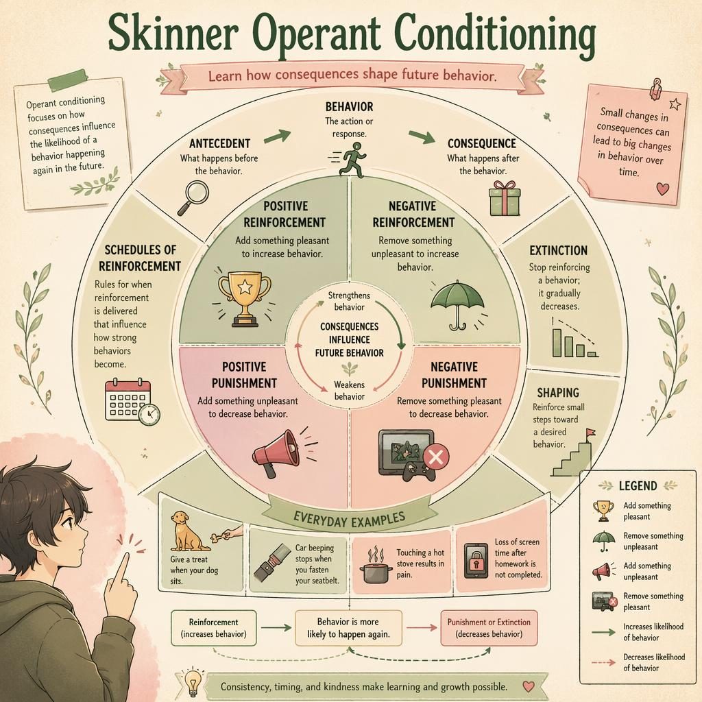 Educational operant conditioning wheel infographic with labeled segments, icons, arrows, legend, and sage blush editorial styling.