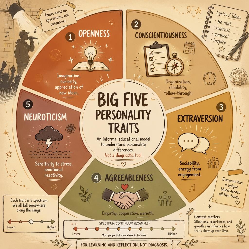 Circular Big Five personality traits infographic in warm earth tones with 5 labeled segments, icons, scale markers, and notes.