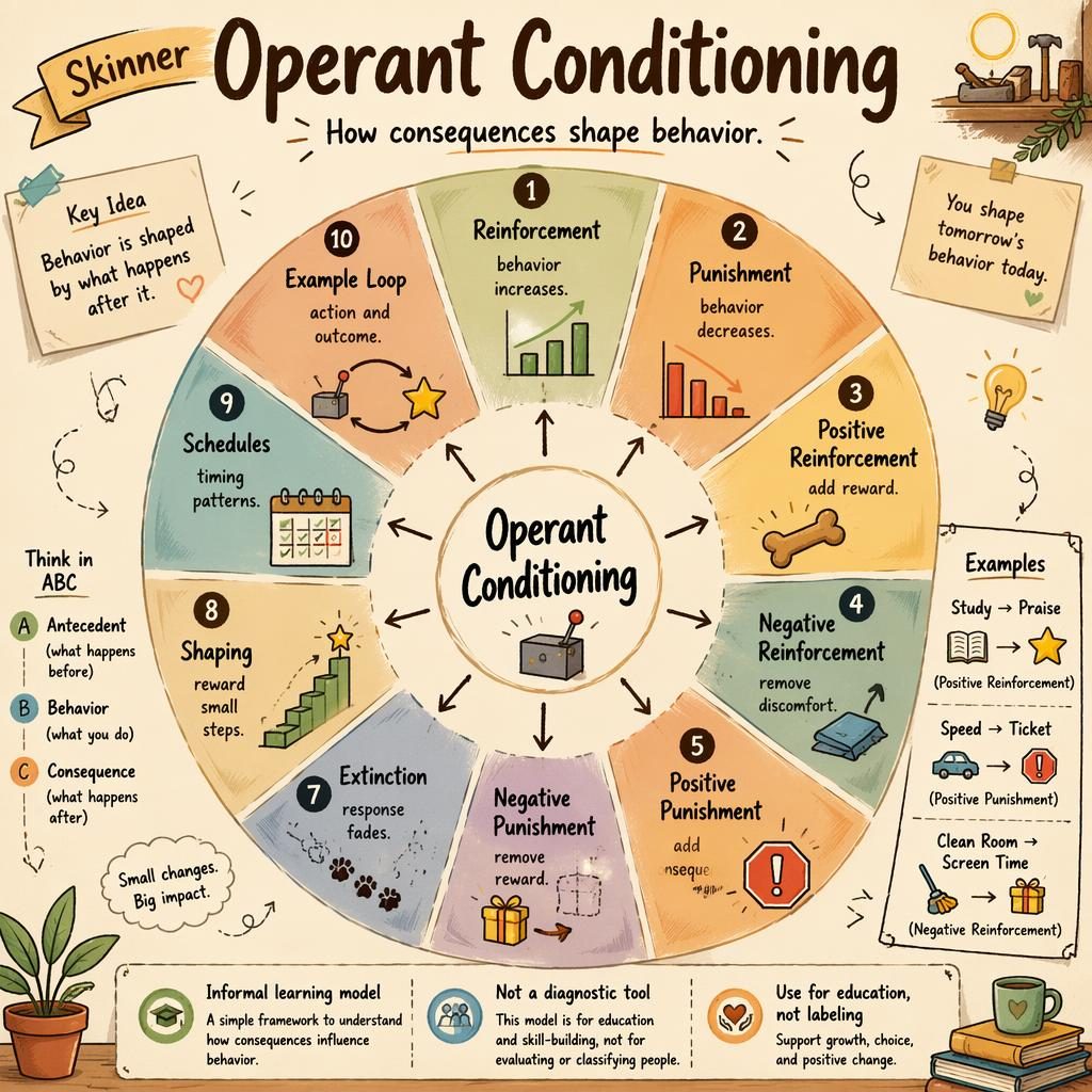 Circular sketchnote-style operant conditioning infographic with 10 labeled wedges, icons, arrows, and warm earth tones.