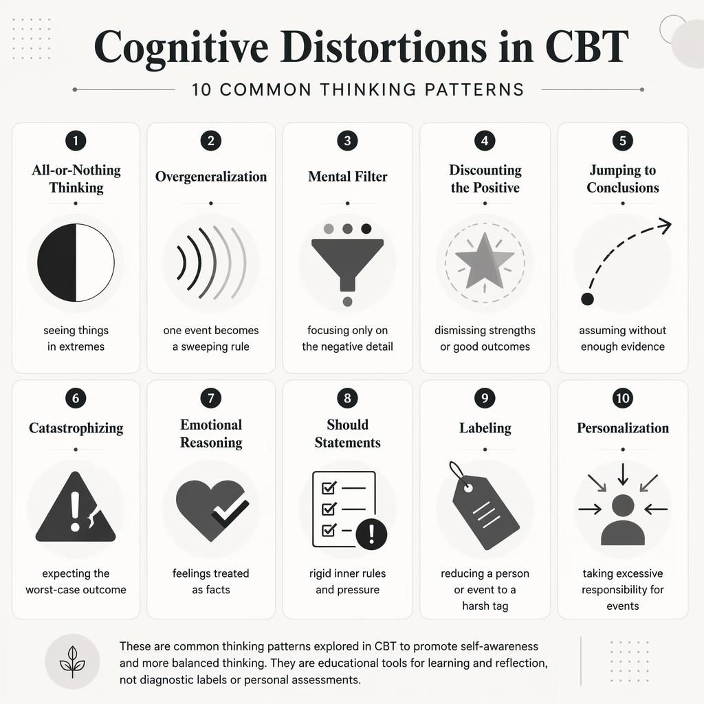 Monochrome CBT infographic poster grid with 10 numbered cognitive distortions cards, icons, captions, and footer note.