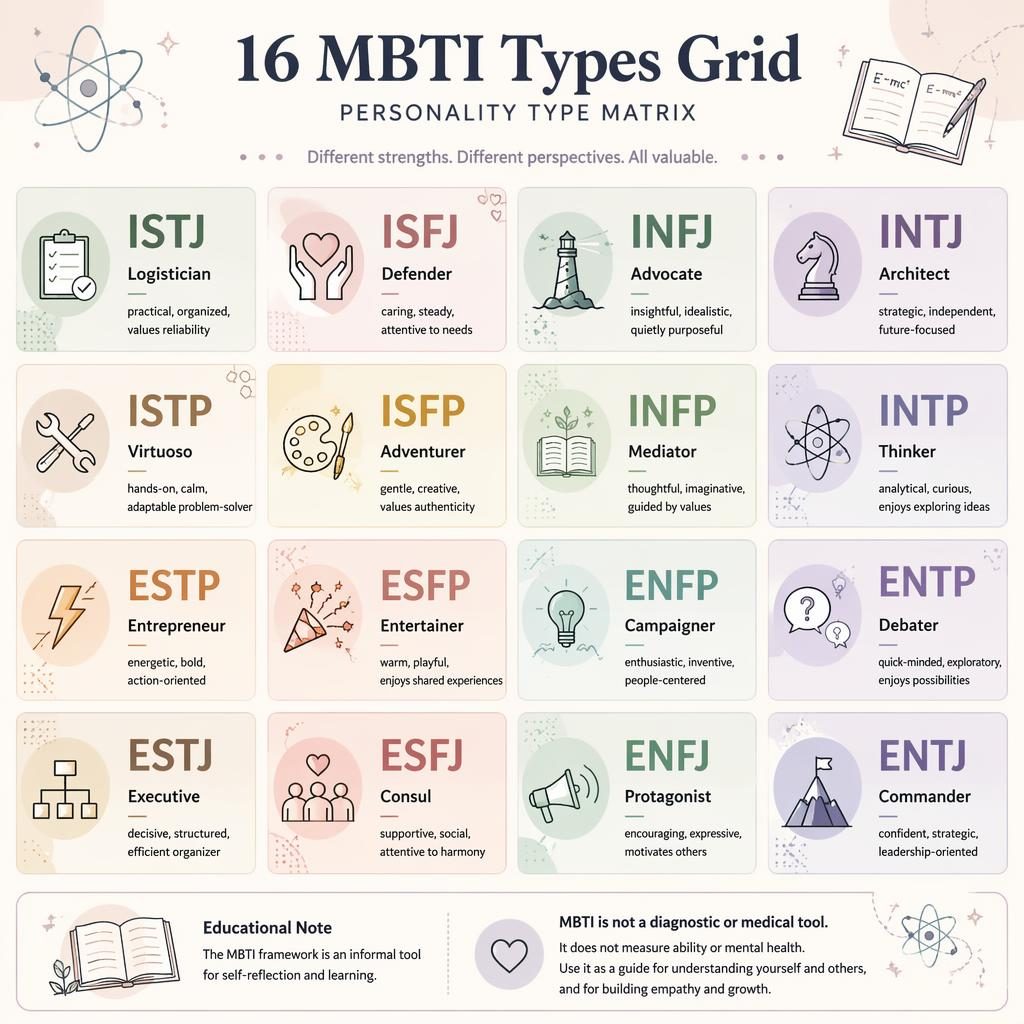 Pastel psychology infographic with a 4x4 grid of 16 MBTI type cards, icons, soft shadows, and an educational disclaimer.