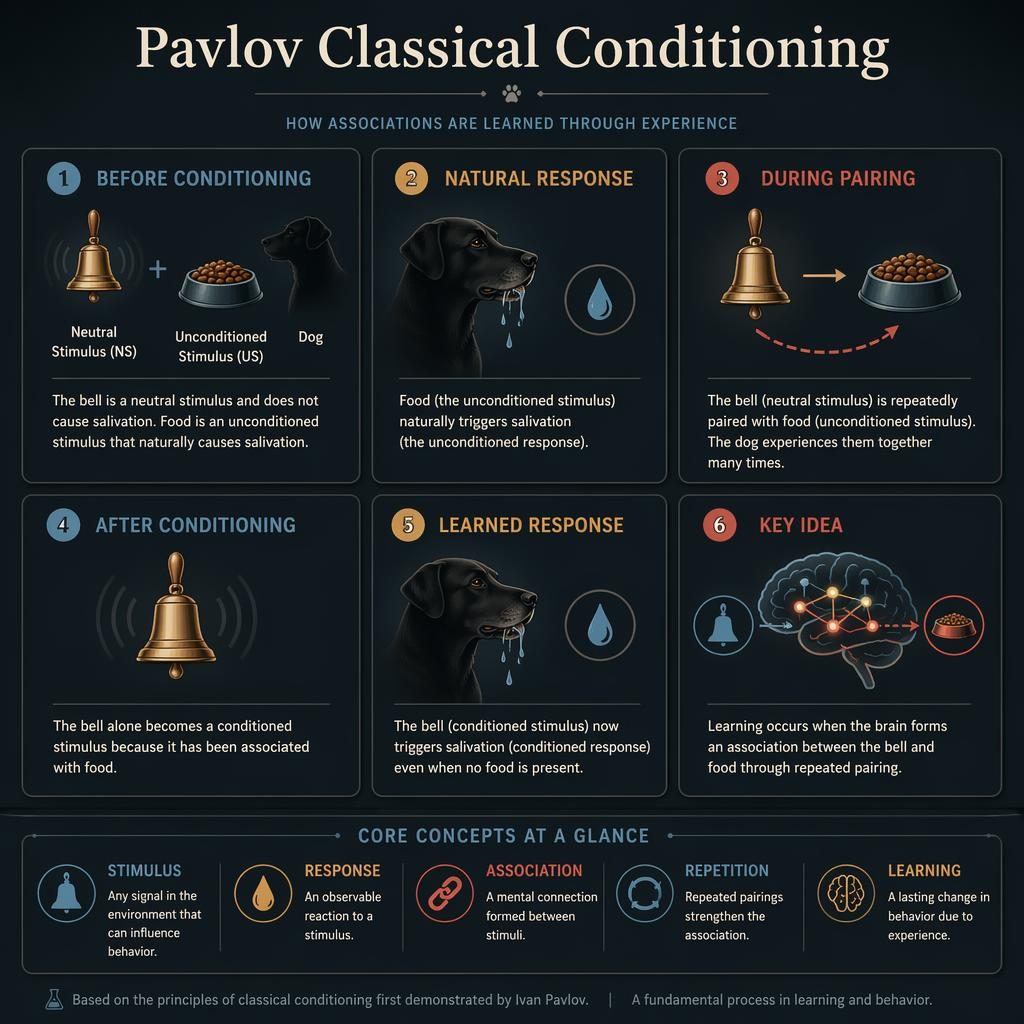 Dark mode psychology infographic with 6 numbered cards, icons of bell, food, dog, arrows, salivation, and learning labels.