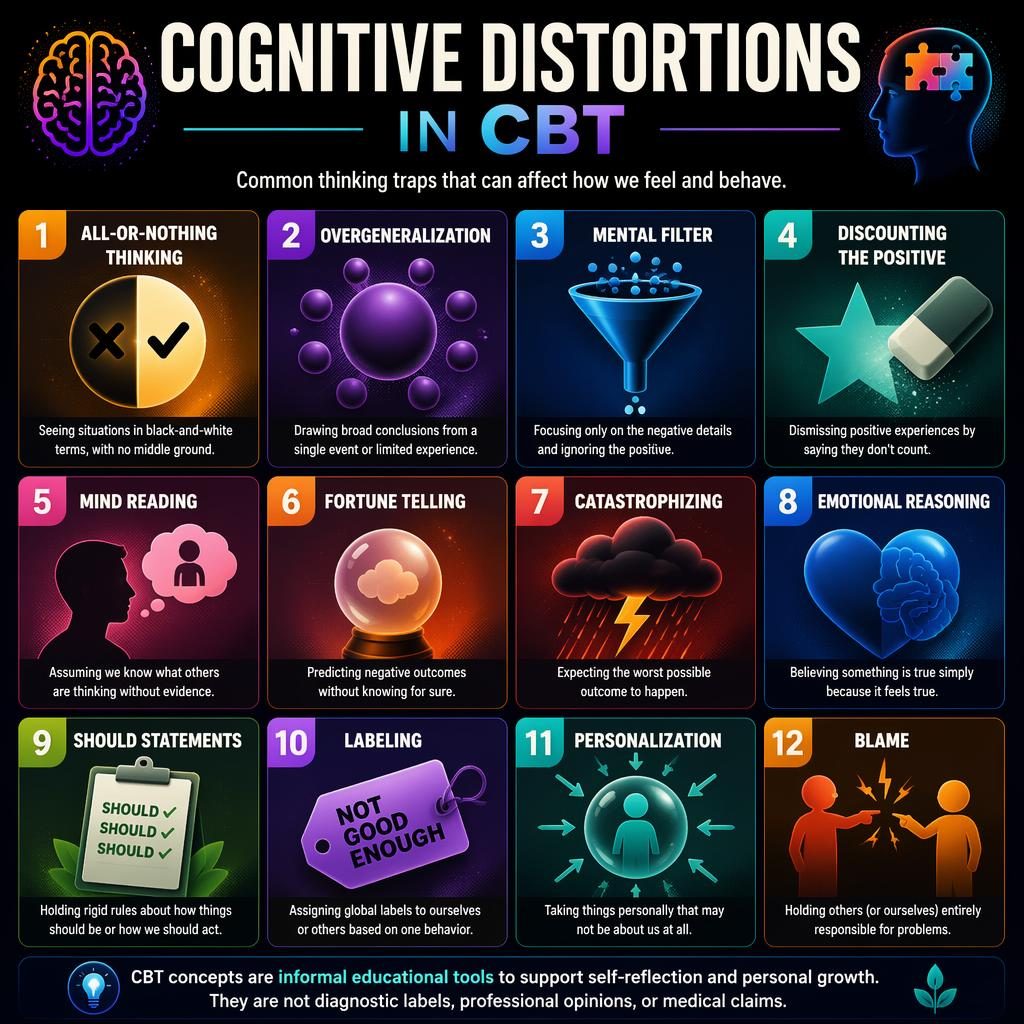 Bold psychology infographic poster grid with 12 numbered CBT cognitive distortion cards, icons, gradients, and English text.