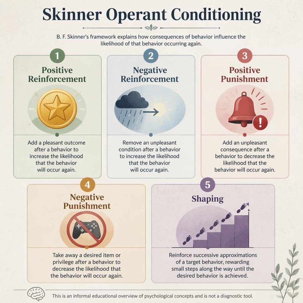 Editorial psychology infographic with 5 numbered cards on operant conditioning, icons, muted rainbow palette, and footer note.