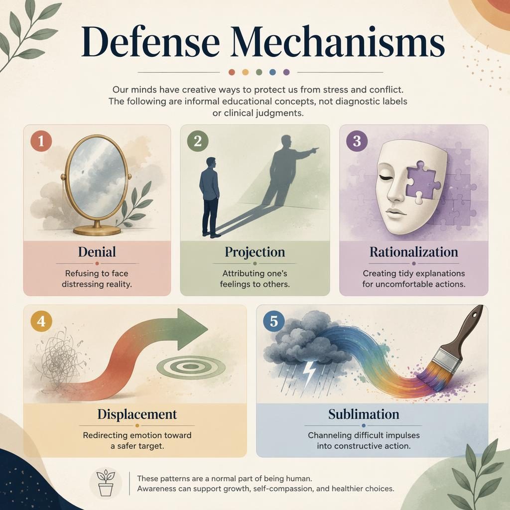 Editorial psychology infographic with 5 numbered cards, muted rainbow icons, and English captions for common defense mechanisms.