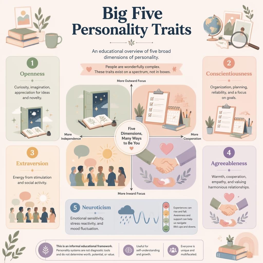 Pastel psychology infographic with Big Five traits in a soft quadrant layout, five icon panels, and an informal note.