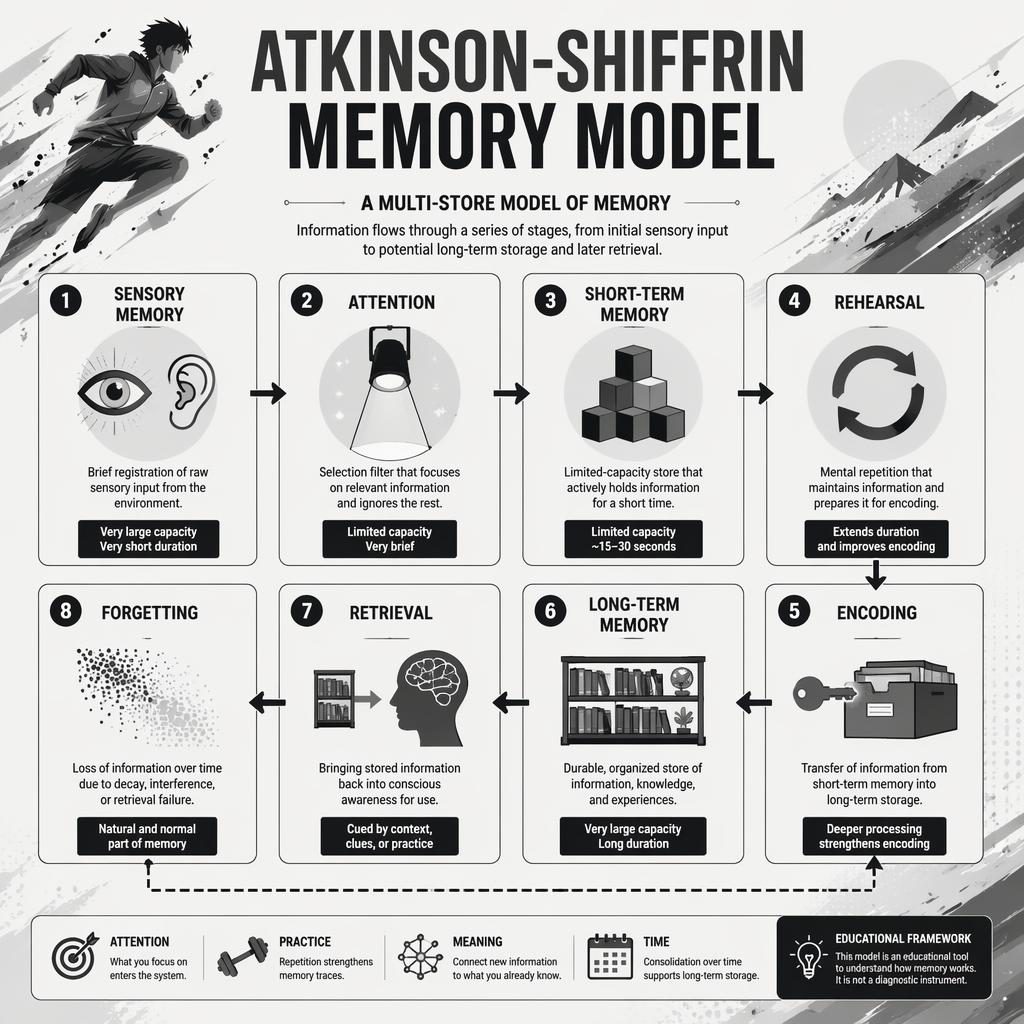Monochrome Atkinson-Shiffrin memory model infographic with 8 numbered cards, simple icons, arrows, and editorial grid layout.