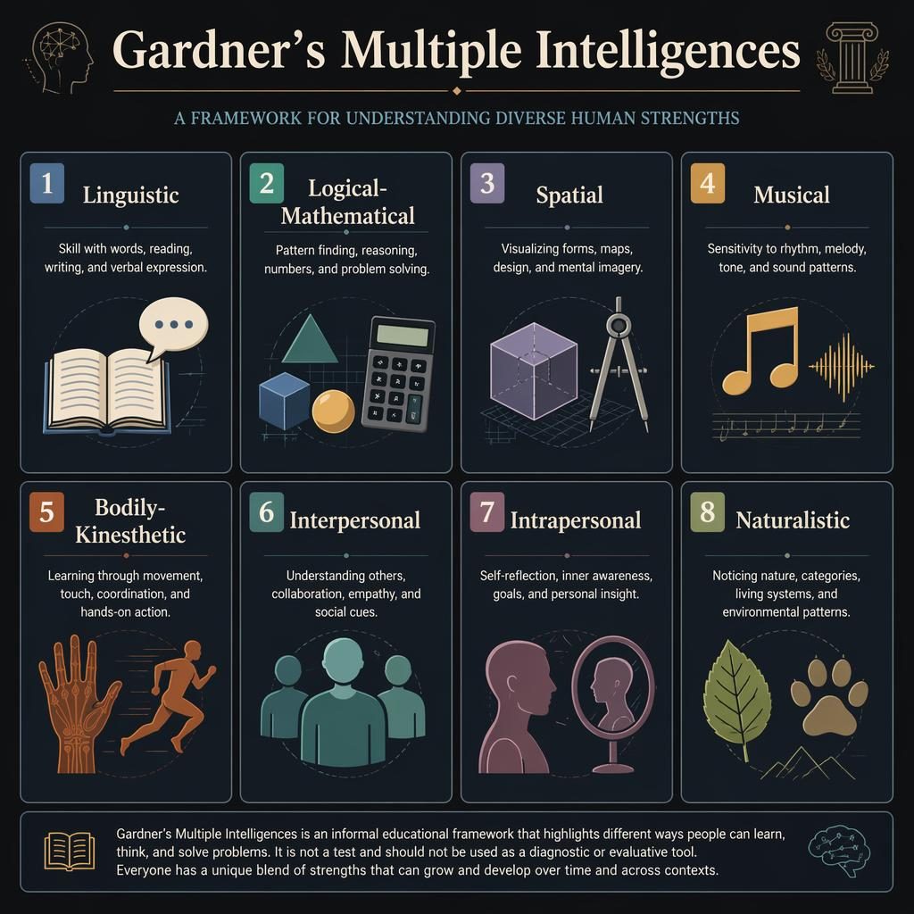 Dark academic infographic with 8 numbered cards for multiple intelligences, icons, captions, and a small educational footer note.